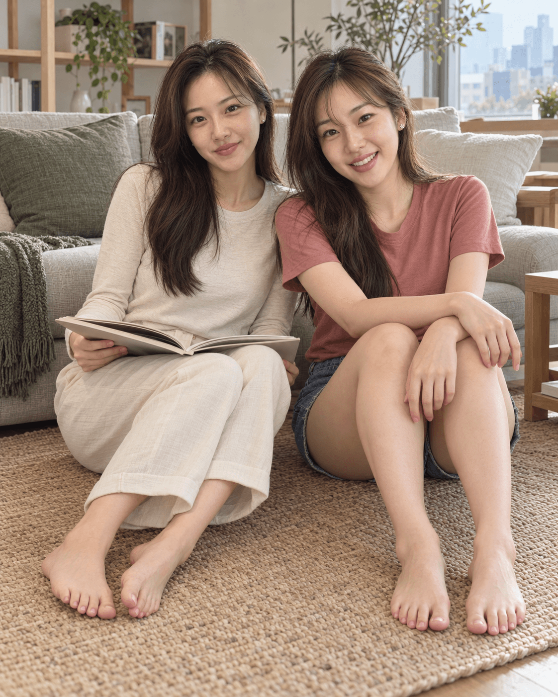 Juyeon and Jihyun sitting barefoot on a woven rug, sharing a quiet moment with a book.
