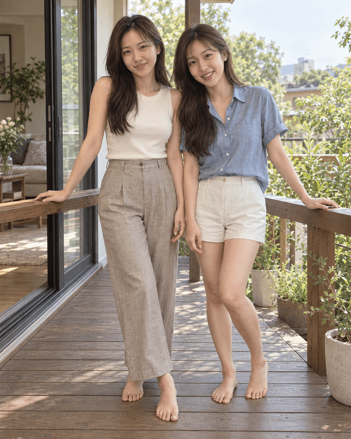 Juyeon and Jihyun standing barefoot on a bright wooden veranda beside the garden.