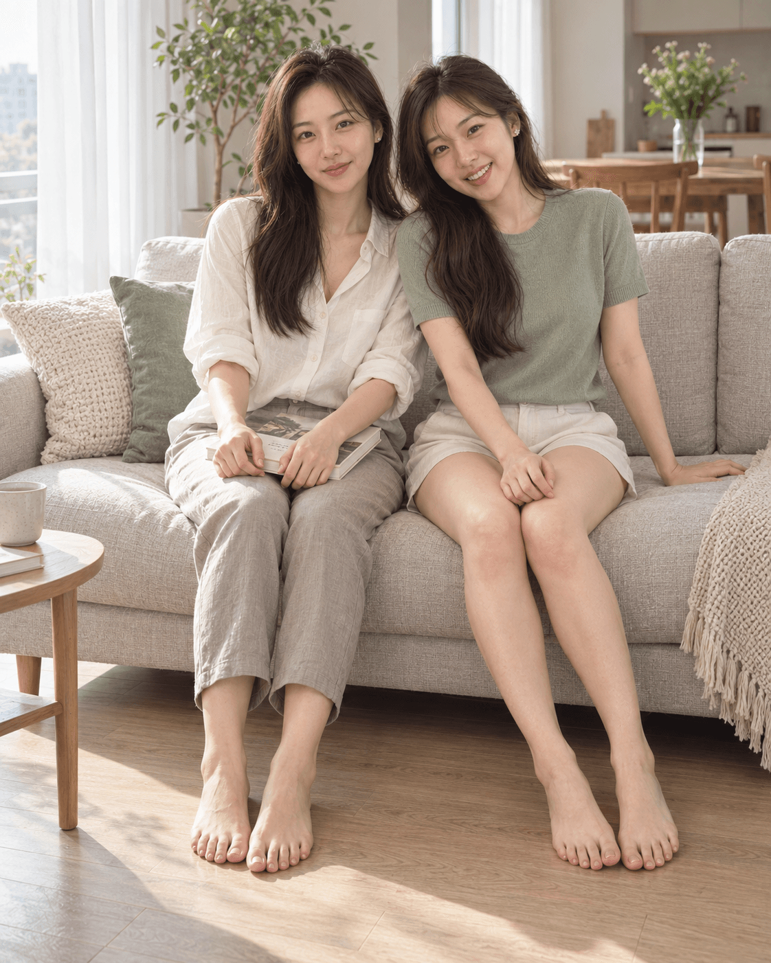 Juyeon and Jihyun sitting together on a sunlit sofa, barefoot and relaxed.